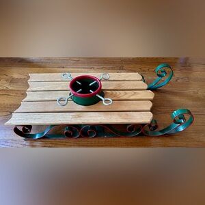 Vintage Wood Metal Sled Christmas Tree Holder Stand Red Green 30” x 14” Sturdy!